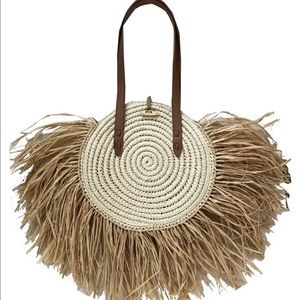 INC Melania Straw Fringe Circle Tote.